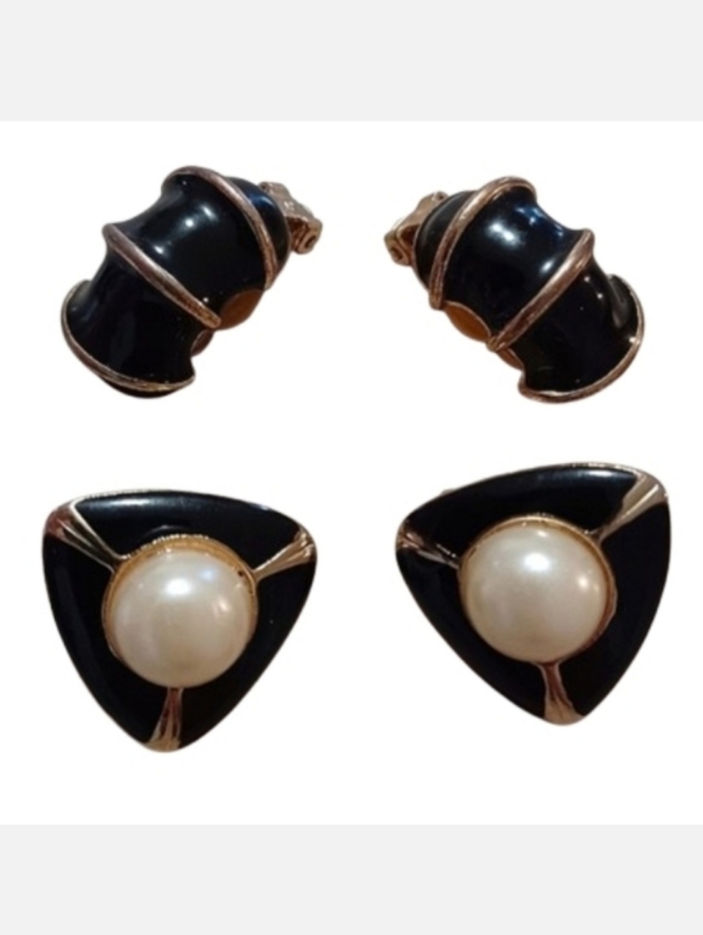 Vintage 80s Black Enamel & Gold Ribbed Dome "Shrimp" Clip-On Earrings